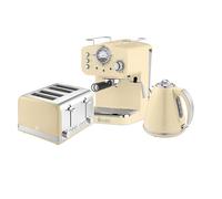 Swan Retro Kitchen Set, 1.5L Fast Boil Kettle & 4 Slice Toaster & Espresso Coffee Machine with Milk Frother, Cream, SK19020CN, ST19020CN, SK22110CN