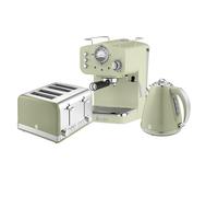 Swan Retro Kitchen Set, 1.5L Fast Boil Kettle & 4 Slice Toaster & Espresso Coffee Machine with Milk Frother, Green, SK19020GN, ST19020GN, SK22110GN