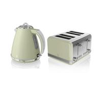 Swan Retro Kitchen Set, 1.5L Fast Boil Kettle & 4 Slice Toaster, Green, SK19020GN, ST19020GN
