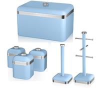 SWAN Retro Kitchen Storage Set Bread Bin Canisters Mug Tree Towel Pole in Blue