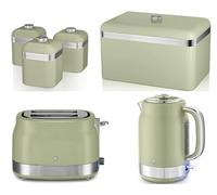 Swan Retro Revive 1.7L 3KW Jug Kettle, 2 Slice Toaster, Retro Breadbin and Canisters. Matching Retro Kitchen Set of 6 in VIntage Green with Chrome Accents