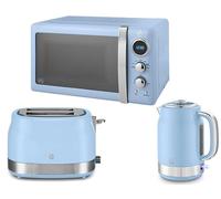 Swan Retro Revive Blue 1.7L 3KW Jug Kettle, 2 Slice Toaster & Retro 800W 20L Microwave. Matching Vintage Design Kitchen Set in Blue with Chrome Accents