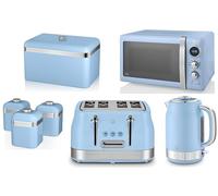 Swan Retro Revive Blue 1.7L 3KW Jug Kettle, 4 Slice Toaster, 800W 20L Microwave plus Retro Breadbin & Canisters. Matching Vintage Design Kitchen Set of 7 in Blue with Chrome Accents