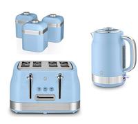 Swan Retro Revive Blue 1.7L 3KW Jug Kettle, 4 Slice Toaster and Retro Canisters. Matching Retro Kitchen Set in Blue with Chrome Accents