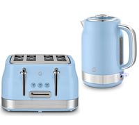 Swan Retro Revive Blue 1.7L 3KW Jug Kettle & 4 Slice Toaster. Matching Retro Design Kettle & Toaster Set in Blue with Chrome Accents