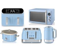 Swan Retro Revive Blue 1.7L Jug Kettle, 4 Slice Toaster, Retro 800W 20L Microwave, 8L Dual Basket Air Fryer and 3.5L Slow Cooker. Matching Retro Design Kitchen Set in Blue with Chrome Accents