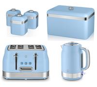 Swan Retro Revive Blue Jug Kettle, 4 Slice Toaster, Breadbin & Canisters Set