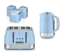 Swan Retro Revive Blue Jug Kettle, 4 Slice Toaster & Canisters Set