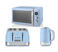 Swan Retro Revive Blue 1.7L 3KW Jug Kettle, 4 Slice Toaster & Retro 800W 20L Microwave. Matching Vintage Design Kitchen Set in Blue with Chrome Accents