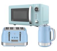 Swan Retro Revive Blue Kitchen Appliance Bundle - 1.7L Rapid Boil Kettle, 4 Slice Toaster & 800W 20L Digital Microwave, Retro Gloss Finish with Chrome Accents