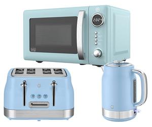 Swan Retro Revive Blue Kitchen Appliance Bundle - 1.7L Rapid Boil Kettle, 4 Slice Toaster & 800W 20L Digital Microwave, Retro Gloss Finish with Chrome Accents