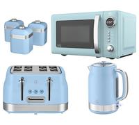 Swan Retro Revive Blue Kitchen Bundle Set - 1.7L Rapid Boil Kettle, 4 Slice Toaster, 800W 20L Digital Microwave and Tea, Coffee, Sugar Canisters. Retro Gloss Finish with Chrome Accents