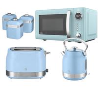 Swan Retro Revive Blue Kitchen Bundle Set - Traditional Stovetop Design Kettle, 2 Slice Toaster, 800W 20L Digital Microwave and Tea, Coffee, Sugar Canisters. Retro Gloss Finish with Chrome Accents