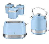 Swan Retro Revive Blue Kitchen Set - Traditional Stovetop Design Electric Kettle, 2 Slice Toaster & Retro Tea, Coffee and Sugar Canisters, Vintage Blue with Chrome Accents