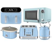 Swan Retro Revive Blue Kitchen Set - Traditional Stovetop Electric Kettle, 4 Slice Toaster, 800W Microwave, 8L Dual Basket Air Fryer & 3.5L Slow Cooker, Retro Design Set with Chrome Accents