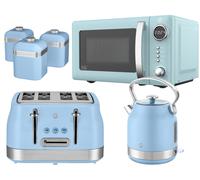 Swan Retro Revive Blue Stovetop Kettle Toaster Microwave Canisters Bundle Set