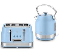 Swan Retro Revive Blue Traditional 1.7L 3KW Kettle & 4 Slice Toaster. Stovetop Inspired Design Kettle & Toaster Matching Retro Design Kitchen Electrical Set in Blue