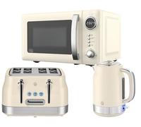 Swan Retro Revive Cream Kitchen Appliance Bundle - 1.7L Rapid Boil Kettle, 4 Slice Toaster & 800W 20L Digital Microwave, Retro Gloss Finish with Chrome Accents