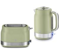 Swan Retro Revive Green 1.7L 3KW Jug Kettle & 2 Slice Toaster. Matching Retro Design Kettle & Toaster Set in Green with Chrome Accents
