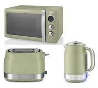Swan Retro Revive Green 1.7L 3KW Jug Kettle, 2 Slice Toaster & Retro 800W 20L Microwave. Matching Vintage Design Kitchen Set in Green with Chrome Accents