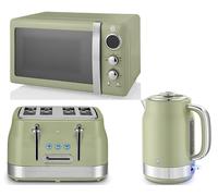 Swan Retro Revive Green 1.7L 3KW Jug Kettle, 4 Slice Toaster & Retro 800W 20L Microwave. Matching Vintage Design Kitchen Set in Green with Chrome Accents
