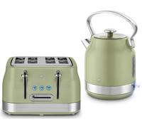 Swan Retro Revive Green Stovetop Inspired Design 1.7L 3KW Traditional Kettle & 4 Slice Toaster. Matching Kettle & Toaster Set in Green with Chrome Accents