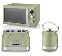Swan Retro Revive Green 1.7L 3KW Traditional Stovetop Inspired Design Kettle, 4 Slice Toaster & Retro 800W 20L Microwave. Matching Vintage Design Kitchen Set in Green with Chrome Accents