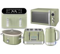 Swan Retro Revive Green 1.7L Jug Kettle, 4 Slice Toaster, Retro 800W 20L Microwave, 8L Dual Basket Air Fryer and 3.5L Slow Cooker. Matching Retro Design Kitchen Set in Green with Chrome Accents