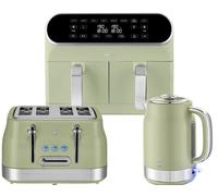 Swan Retro Revive Green 1.7L Rapid Boil Kettle, 4-Slice Toaster & 8L Dual-Basket 1700W Air Fryer Kitchen Set.