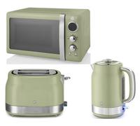 Swan Retro Revive Green 3-Piece Kitchen Set - 1.7L 3Kw Kettle, 2-Slice Toaster, 20L 800W Microwave.