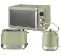 Swan Retro Revive Green 3-Piece Kitchen Set - 1.7L 3Kw Kettle, 2-Slice Toaster, 20L 800W Microwave.