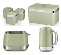Swan Retro Revive Green Jug Kettle, 2 Slice Toaster, Breadbin & Canisters Set