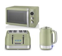 Swan Retro Revive Green 1.7L 3KW Jug Kettle, 4 Slice Toaster & Retro 800W 20L Microwave. Matching Vintage Design Kitchen Set in Green with Chrome Accents