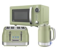 Swan Retro Revive Green Kitchen Appliance Bundle - 1.7L Rapid Boil Kettle, 4 Slice Toaster & 800W 20L Digital Microwave, Retro Gloss Finish with Chrome Accents