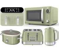 Swan Retro Revive Green Kitchen Bundle Set - 1.7L Jug Kettle, 4 Slice Toaster, Digital Microwave, 8.5L Dual Basket Air Fryer & 3.5L Slow Cooker. Vintage Matching Green Set with Chrome Accents