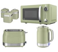 Swan Retro Revive Green Kitchen Bundle Set - 1.7L Rapid Boil Kettle, 2 Slice Toaster, 800W 20L Digital Microwave and Tea, Coffee, Sugar Canisters. Retro Gloss Finish with Chrome Accents