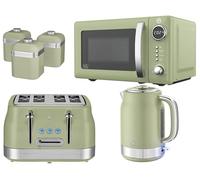 Swan Retro Revive Green Kitchen Bundle Set - 1.7L Rapid Boil Kettle, 4 Slice Toaster, 800W 20L Digital Microwave and Tea, Coffee, Sugar Canisters. Retro Gloss Finish with Chrome Accents