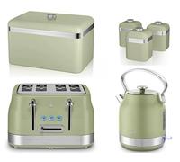 Swan Retro Revive Green Kitchen Set - Traditional Stovetop Inspired Design 1.7L 3KW Kettle, 4 Slice Toaster, Breadbin & Canisters. Matching Set in Vintage Green with Chrome Accents