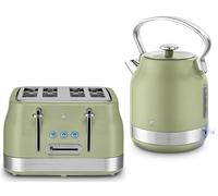 Swan Retro Revive Green Stovetop Inspired Design 1.7L 3KW Traditional Kettle & 4 Slice Toaster. Matching Kettle & Toaster Set in Green with Chrome Accents