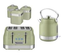 Swan Retro Revive Green Traditional Stovetop Design Electric Kettle, 4 Slice Toaster and Retro Tea, Coffee, Sugar Canisters. Matching Retro Kitchen Bundle Set in Vintage Green with Chrome Accents