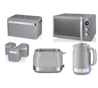 Swan Retro Revive Grey 1.7L 3KW Jug Kettle, 2 Slice Toaster plus Retro 20L 800W Digital Microwave, Bread Bin & Tea Coffee Sugar Canisters - Matching Vintage Design Grey Kitchen Set of 7