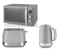 Swan Retro Revive Grey 1.7L 3KW Jug Kettle, 2 Slice Toaster & Retro 800W 20L Microwave. Matching Vintage Design Kitchen Set in Grey with Chrome Accents