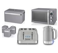 Swan Retro Revive Grey 1.7L 3KW Jug Kettle, 4 Slice Toaster, plus Retro 800W 20L Microwave, Breadbin & Canisters. Matching Vintage Design Kitchen Set of 7 in Grey with Chrome Accents