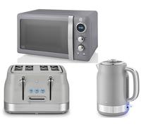 Swan Retro Revive Grey 1.7L 3KW Jug Kettle, 4 Slice Toaster & Retro 800W 20L Microwave. Matching Vintage Design Kitchen Set in Grey with Chrome Accents