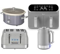 Swan Retro Revive Grey 1.7L Jug Kettle, 4 Slice Toaster, Retro 8L Dual Basket Air Fryer and 3.5L Slow Cooker. Matching Retro Design Kitchen Set in Grey with Chrome Accents