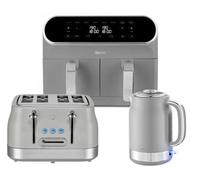 Swan Retro Revive Grey 3-Piece Kitchen Bundle - 1.7L Jug Kettle, 4-Slice Toaster & 8L Dual Basket Air Fryer.