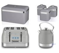 Swan Retro Revive Grey 6-Piece Kitchen Set - 1.7L 3Kw Kettle, 4-Slice Toaster, Bread Bin & 3 Canisters