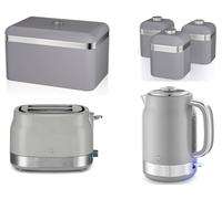 Swan Retro Revive Grey Jug Kettle 2 Slice Toaster Breadbin & Canisters Set