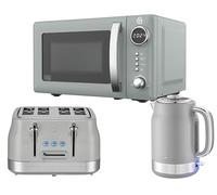 Swan Retro Revive Grey Kitchen Appliance Bundle - 1.7L Rapid Boil Kettle, 4 Slice Toaster & 800W 20L Digital Microwave, Retro Gloss Finish with Chrome Accents