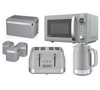 Swan Retro Revive Grey Kitchen Bundle - 1.7L Rapid Boil Kettle, 4 Slice Toaster, Digital Microwave, Retro Breadbin & Canisters. Matching Kitchen Set of 7- Grey Glossy Finish/Chrome Accents